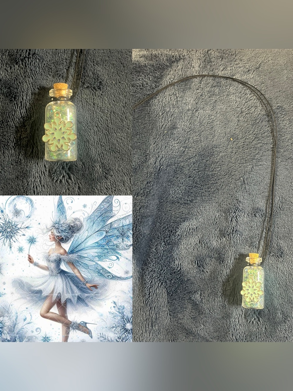Snowflake Fairy Glass Potion Glitter Bottle Necklace w/ Pendant
